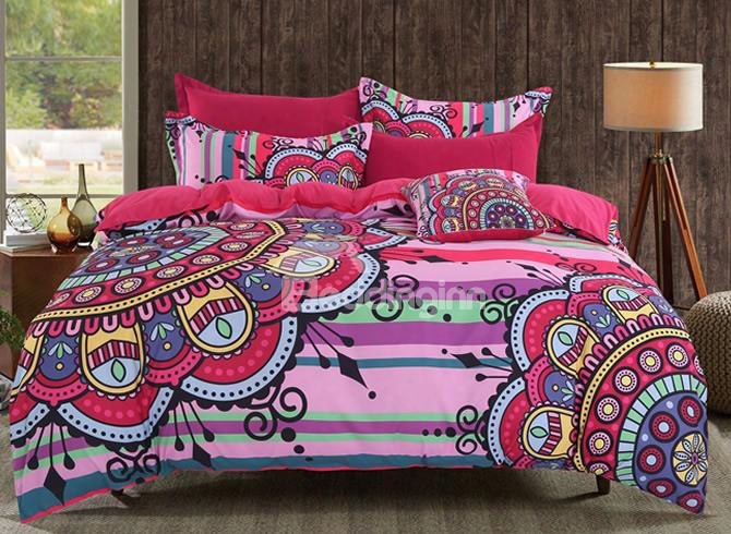 Adorila 60s Brocade Rosy Floral Mandala Pattern Exotic Style 4-piece Cotton Bedding Sets