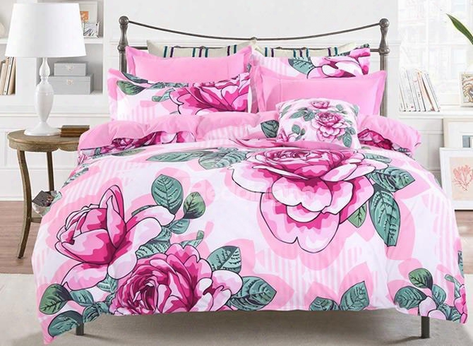 Adorila 60s Brocade Sweet Pink Peony With Green Leaves 4-piece Cotton Bedding Sets