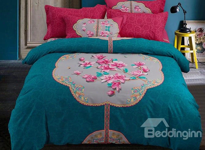 Artful Pink Flowers Ethhnic Sttyle Acid Blue Cotton 4-piece Beddingg Sets/duvet Cover