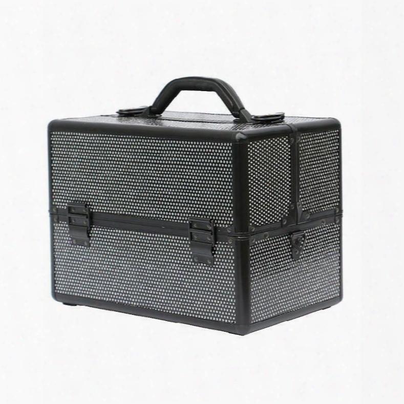 Black Rhinestone Design Portable 3-tier Accordion Trays Makeup Case With Shoulder Strap