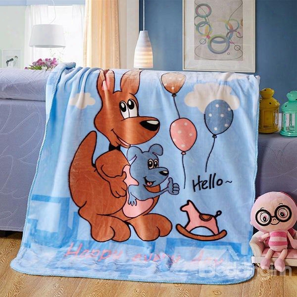 Blue Adorable Kangaroo Mother And Baby Print Blanket