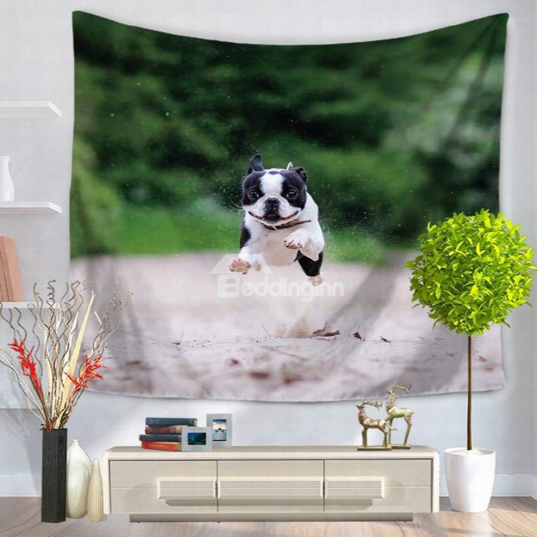 Bulldog Jumping High And Green Woods Decorative Hanging Wall Tapestry