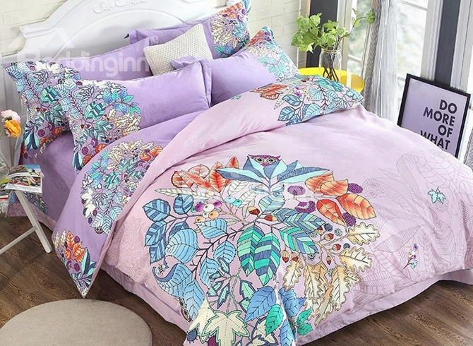 Chic Leaves Priint Princess Style Purple Cotton 4-piece Bedding Sets/duvet Cover