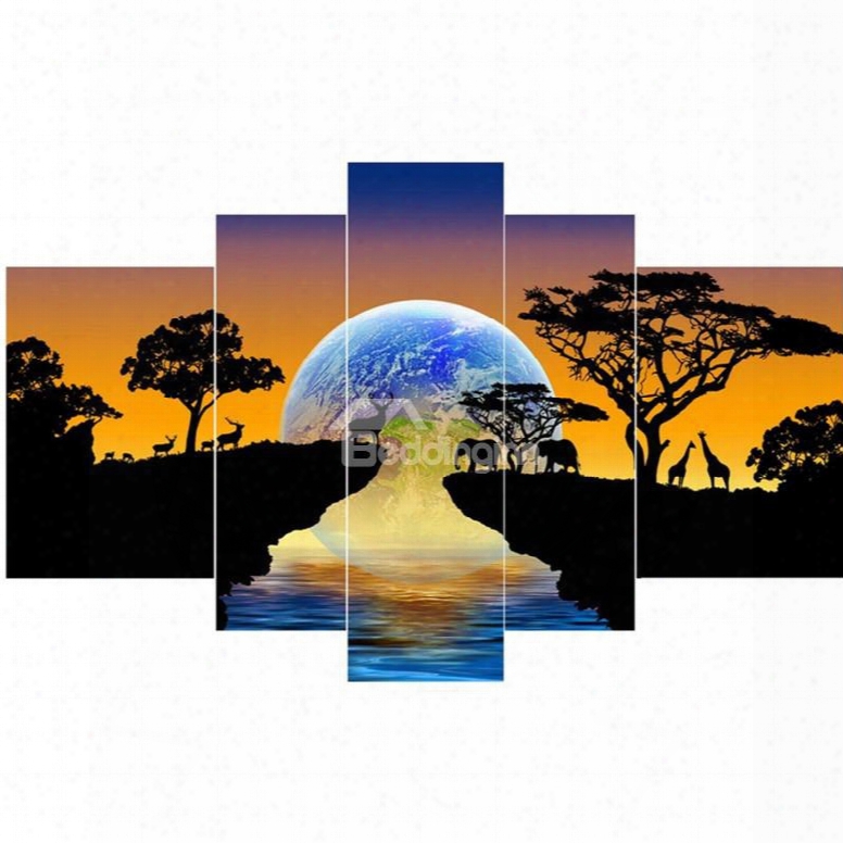 Cliffs Trees And Planet Pattern Hanging 5-piece Canvas Eco-friendly And Waterproof Non-framed Prints