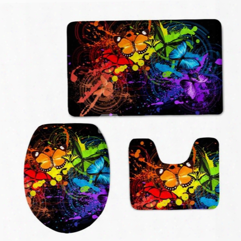 Colored Butterflies Pattern Flannel Pvc Soft Water-absorption And Anti-slid Toilet Seat Covers