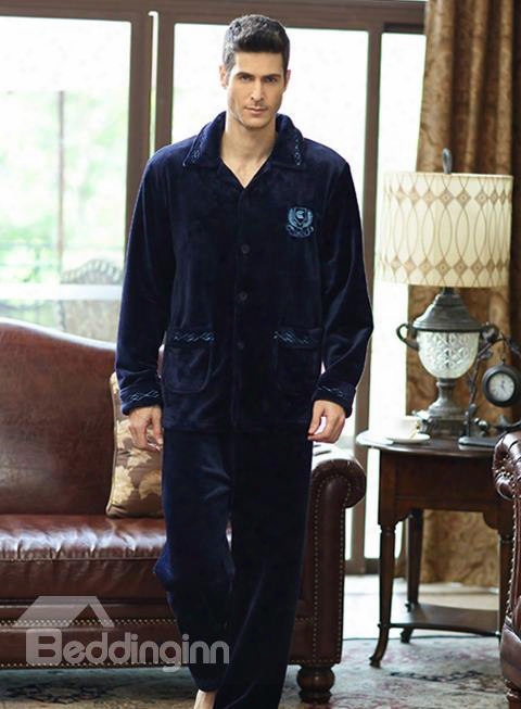 Comfortable Dark Blue Patched Pockets Flannel Male Pajamas Set