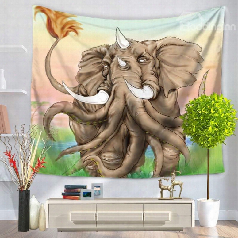 Creative Elephant With Many Noses And White Ivory Decorative Hanging Wall Tapestry