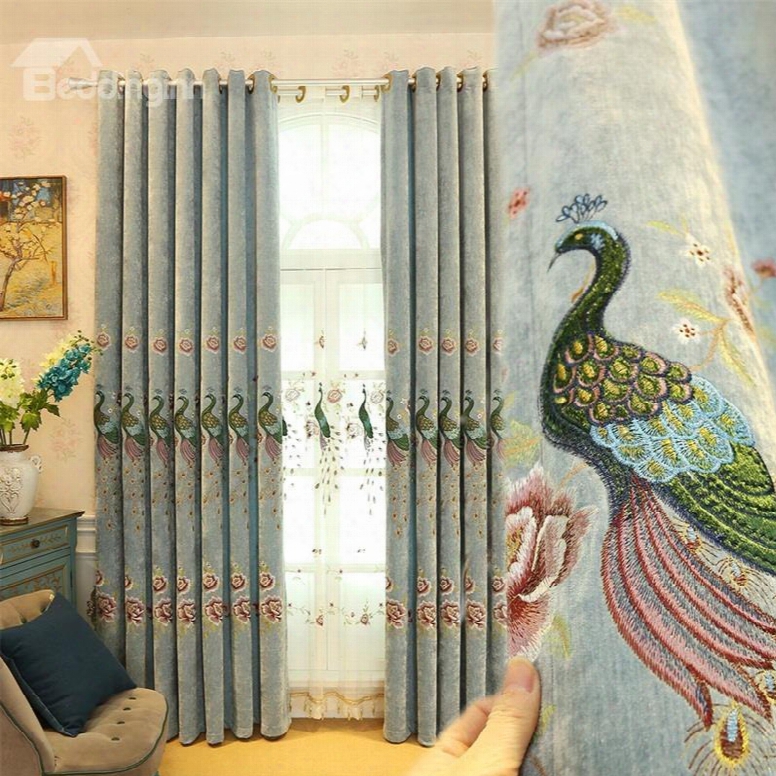 Creative Light Gr Een Embroidered Peacocks 2 Panels Custom Living Room Curtain