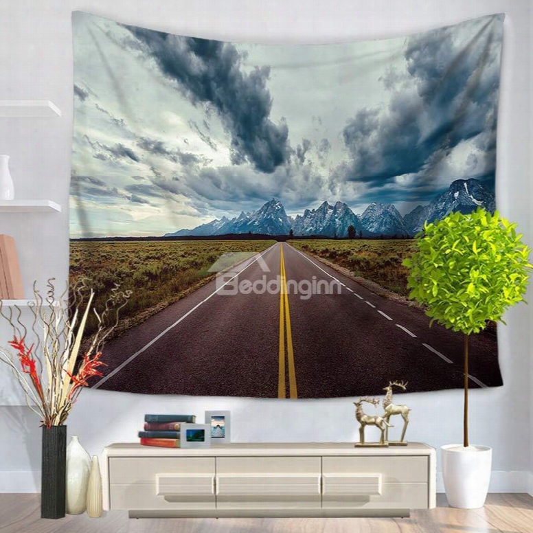 Dark Clouds And Wide Fields With Long Highway Decorative Hanging Wall Tapestry