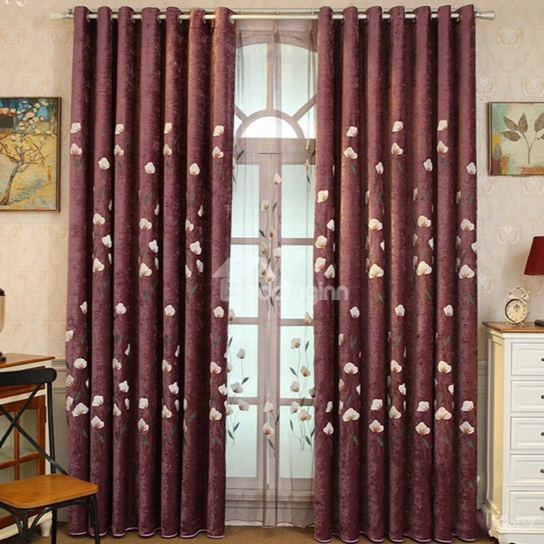 Darkred Shading Cloth With Beige Flowers Polyester Cotton 2 Panels Living Room Curtain