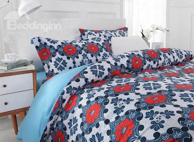 Designer 60s Brocade Red Window Flowers Embellished 4-piece Cotton Bedding Sets/duvet Cover