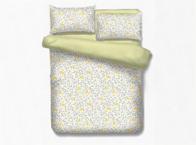 Designer Gray Leaves And Yellow Birds Printed Polyester 4-piece Bedding Sets/duvet Cover