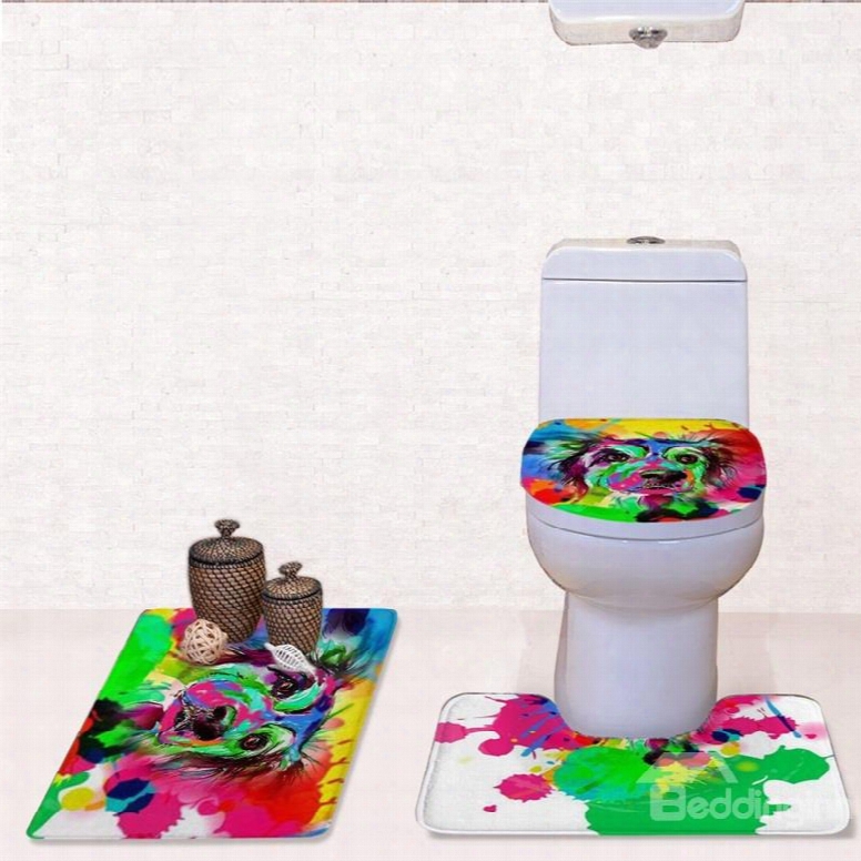 Dog In Color Pattern 3-piece Flannel Pvc Soft Water-absorption Anti-slid Toilet Seat Covers