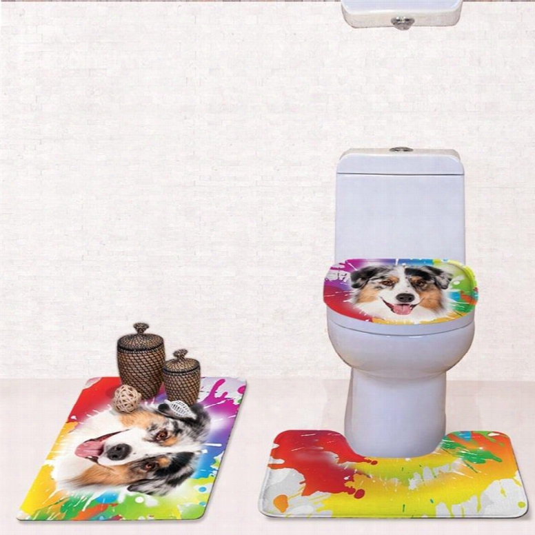 Dog Pattern 3-piece Flannel Pvc Soft Water-absorption Anti-slid Colored Toilet Seat Covers