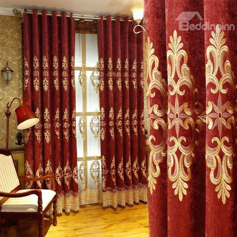 European And Noble Red With Embroidered Pattern 2 Panels Custom Living Room Curtain