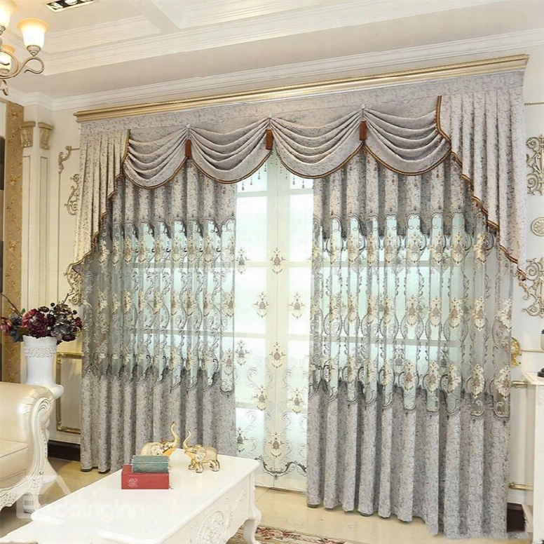 European Style Embroidered Flowers 2 Panels Living Room And Bedroom Sheer Curtain