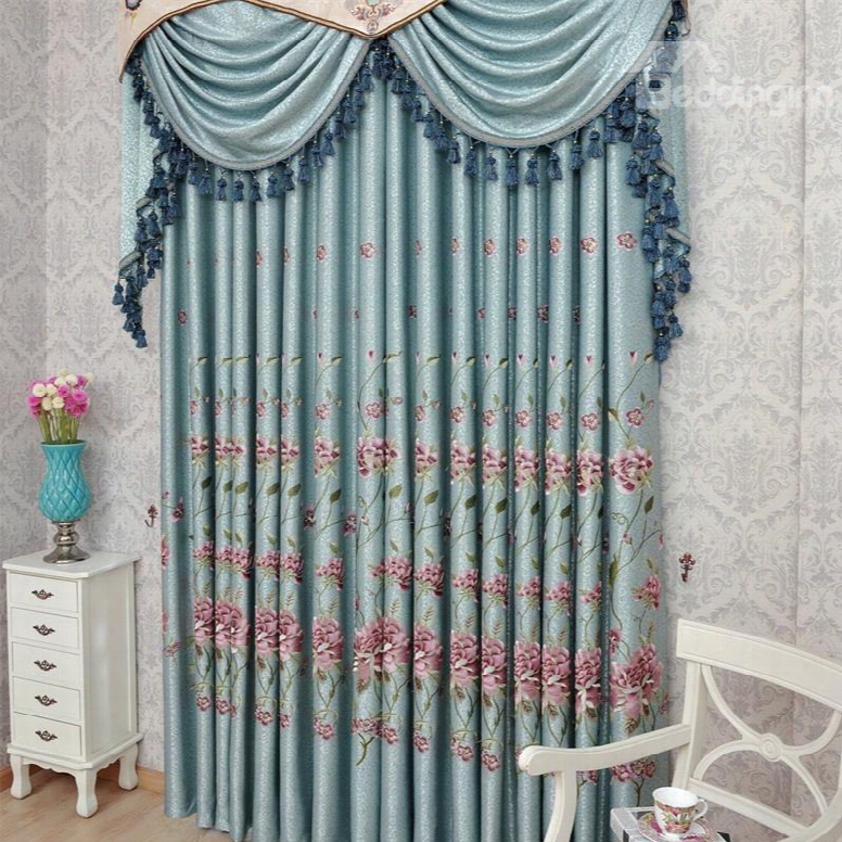 European Style Light Blue Chenille Custom Liivng Room Grommet Top Embroidered Curtain