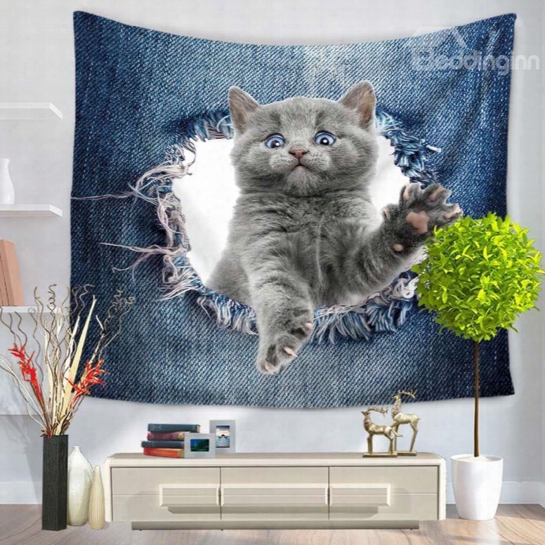 Extending Claws Cat Through The Big Ripped Jeans Decorative Hanging Wall Tapestry