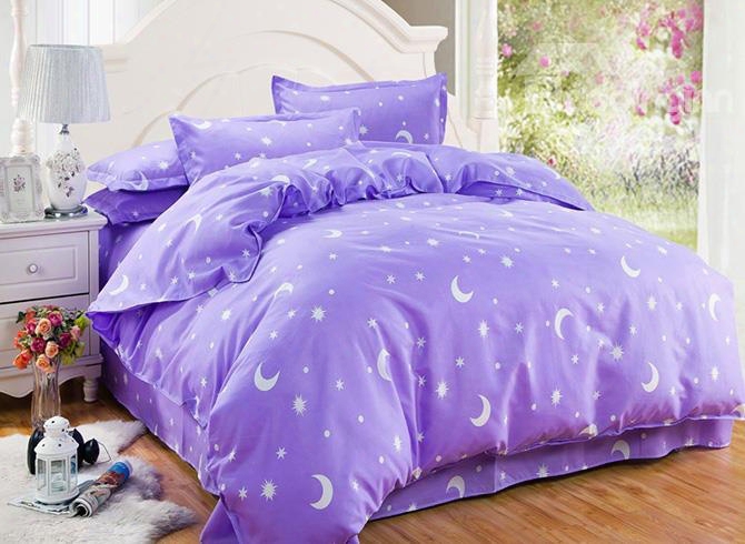 Fancy Stars And Crescent Print Purple 4-piece Duvet Cover Sets