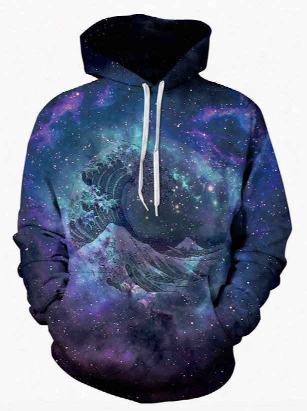 Fashion Long Sleeve Wave Pattern Galaxy Background Pocket 3d Painted Hoodie