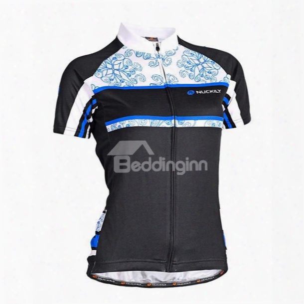 Female Blue Printed Flower Breathable Short Sleeve Jersey With Full Zipper Cycling Jersey