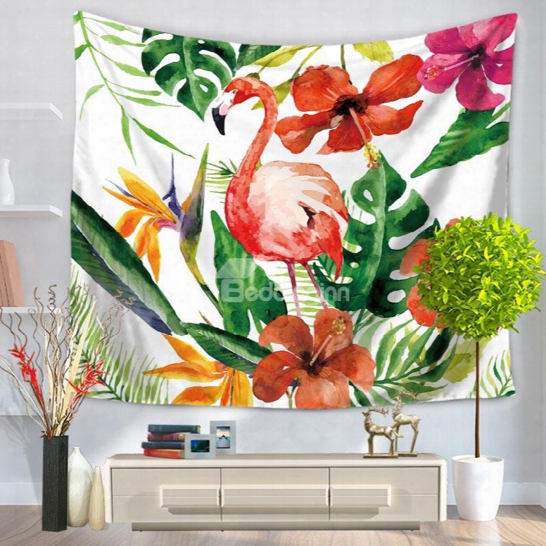 Flamingo With Tropical Palm Leaves Foliage Pattern Decorative Hanging Wall Tapestry