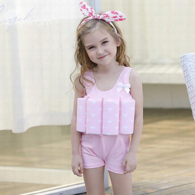 Float Heart Shape Printed Polyester And Chinlon Fabrics Pink Girls One-piece Swimsuit