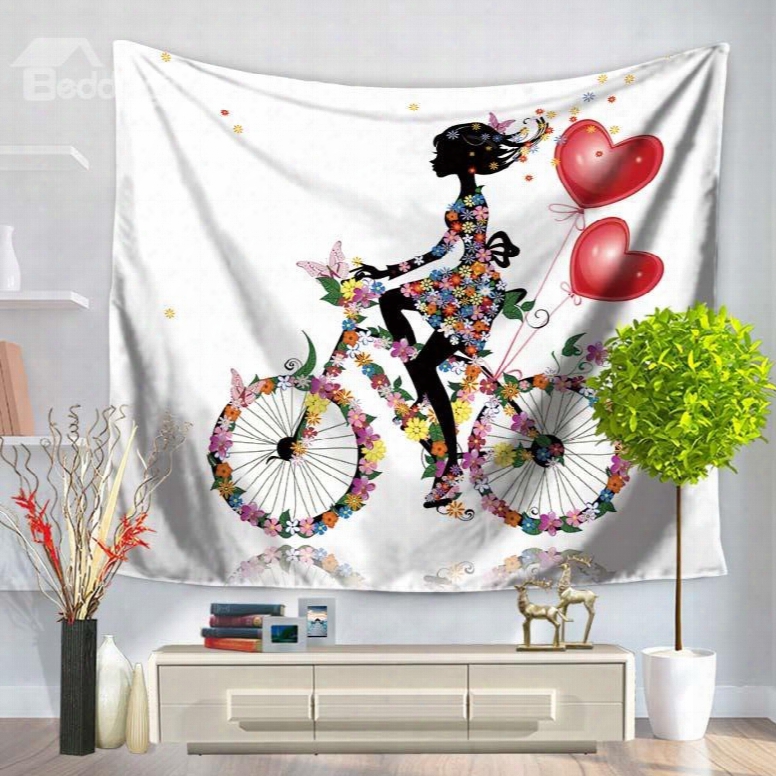 Floral Fairy Riding Bicycle With Heart Shape Balloon Decorative Hanging Wall Tapestry