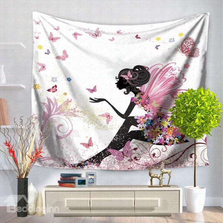 Floral Fairy With Pink Wings And Butterflies Dancing Decorative Hanging Wall Tapestry