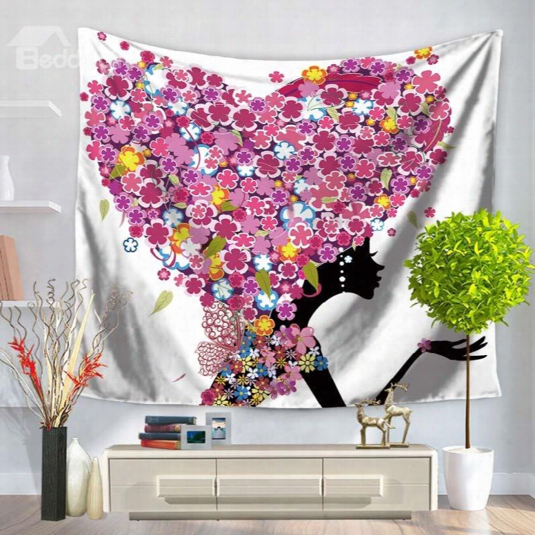 Floral Heart Shape Wings And Fairy Butterflies Pattern Decorative Hanging Wall Tapestry