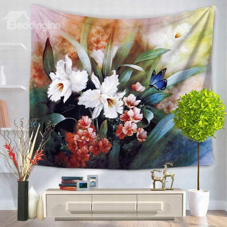 Flowers Blossom And Blue Butterfly Imitate Ecorative Hanging Wall Tapestry