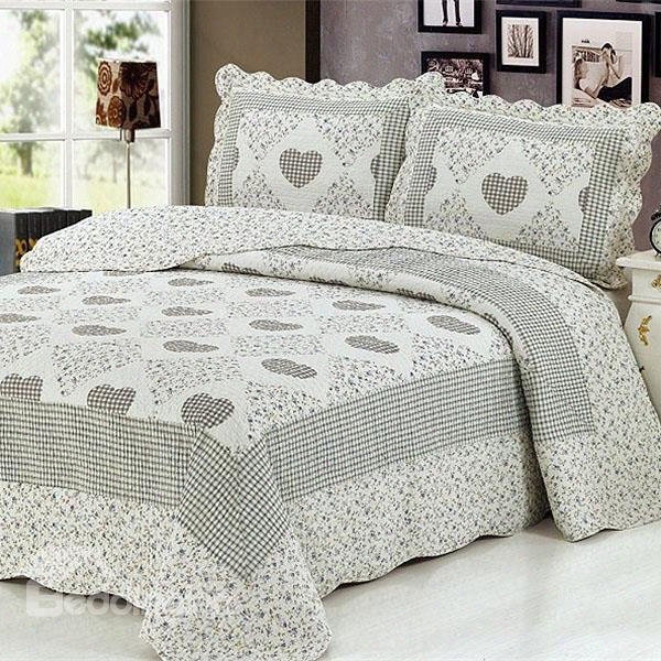 Full Cotton Sweet Heart Print Gray 3-piece Bed In A Bag