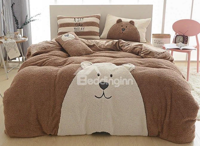 Full Size Cartoon Bear Pattern Coffee Soft 4-piece Fluffy Bedding Sets/duvet Cover