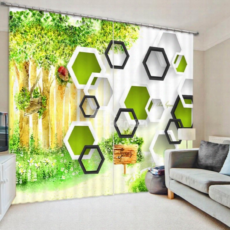 Geometric And Green Tree 3d Printed Polyester Curtain