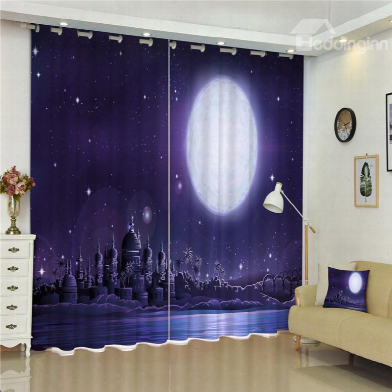 Grand Castles Under Bright Moonlight Purple Night Scenery 2 Panels Custom Curtain