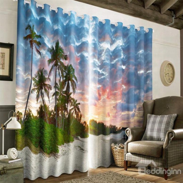Green Palm Trees And White Beach Painting 2 Pieces Bedroom Shading Cloth