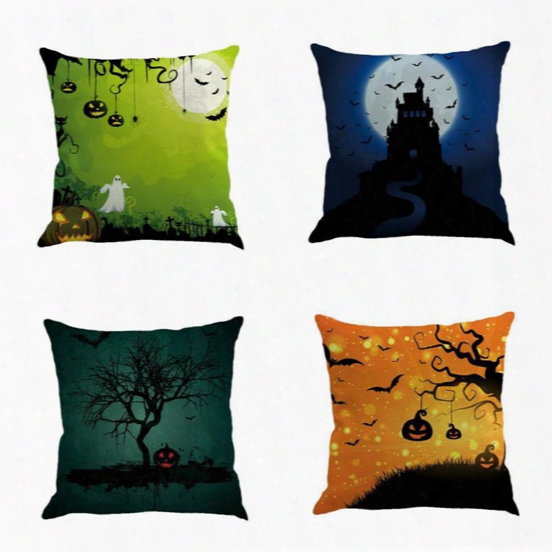 Halloween Festival With Night Sky Pattern Decorative Linen Throw Pillow