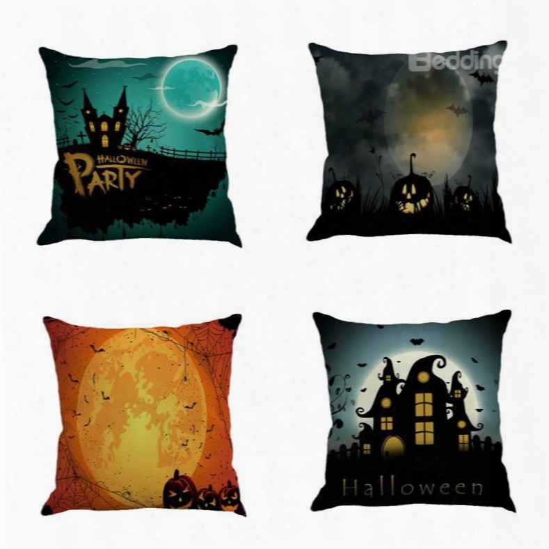 Happy Halloween Moonlight Pattern Decorative Square Linen Throw Pillow