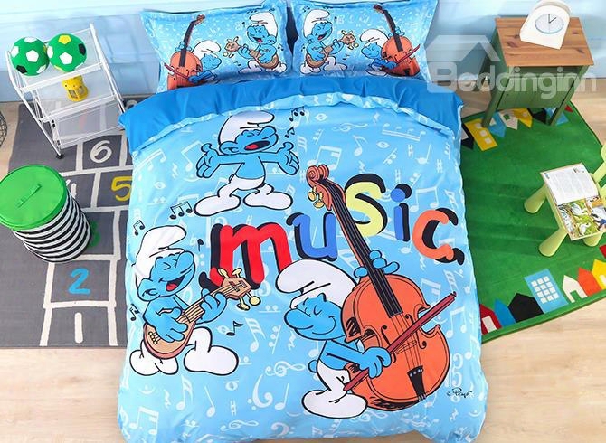Harmony Smurf Music Concert Printed 4-piece Blue Bedding Sets/duvet Covers