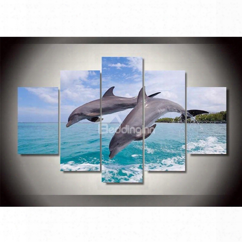 Jumping Dolphins Into Sea Hanging 5-piece Canvas Eco-friendly And Waterproof Non-framed Printts