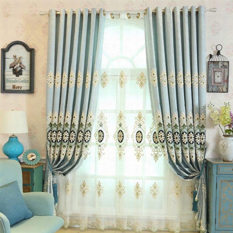 Light Blue High Quality Chenille 2 Pieces Decorative And Breathable Sheer Drapes