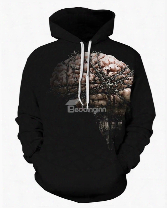 Long Sleeve Branches Brain Black 3d Halloween Pattern Hoodie