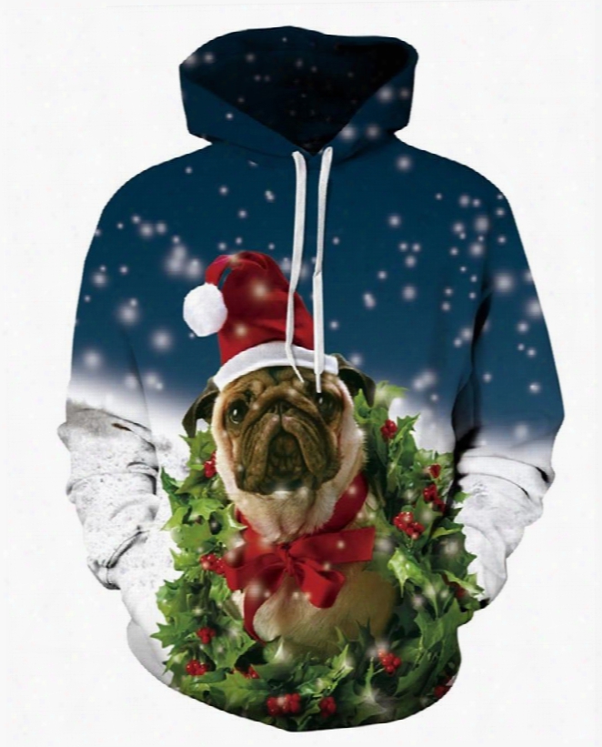 Long Sleeve Christmas Snowy Puppy Dog 3d Pattern Hoodie