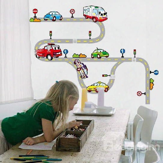 Lovely Cars On Road Cartoon Print For Kids Room Decoration Wall Stickers