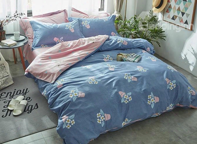 Lovely Potting Flowers Pattern Blue Cotton 4-piece Bedding Sets/duvet Cover