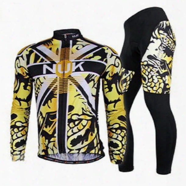 Male Yellow Dragon Pattern Long Sleeve Bike Jersey With Full Zipper Quick-dry Sponged Cycling Suit