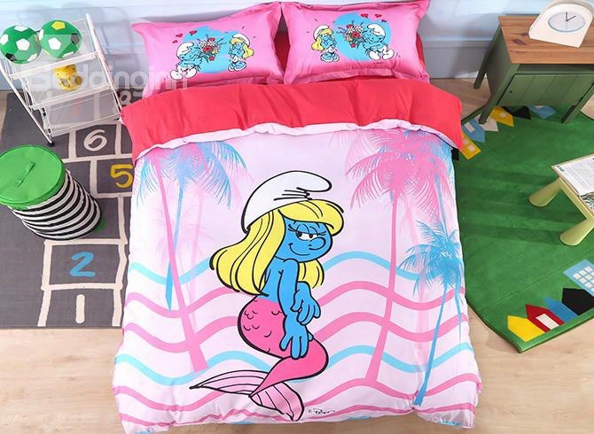 Mermaid Smurfette And Coco Trees Printed 4-piece Pink Bedding Sets/duvet Covers