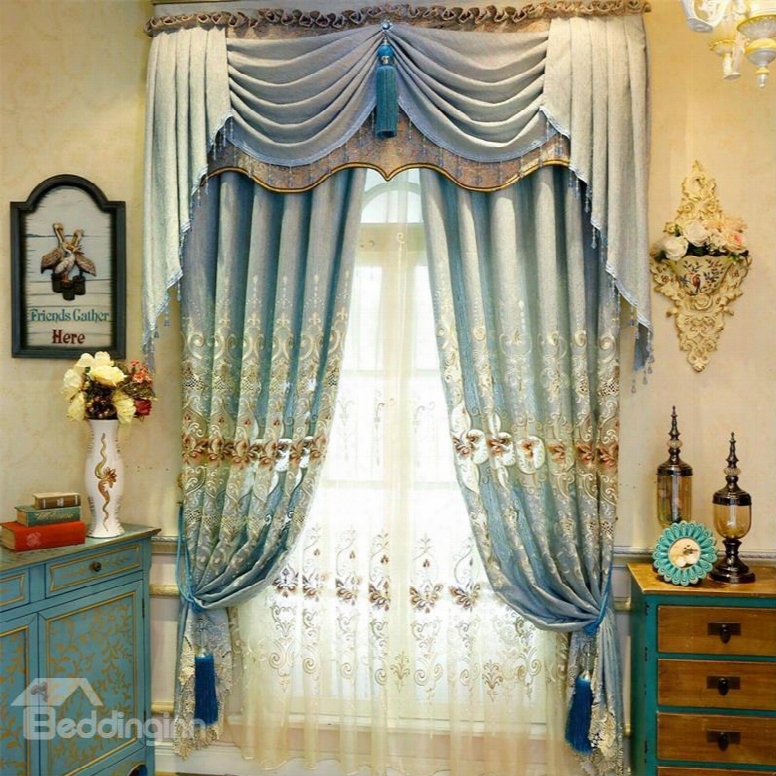 Modern And Pastoral Light Blue With Beautiful Flowers Breathable And Decorative Sheer Curtain
