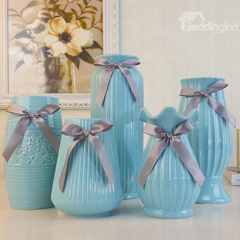 Modern Fashion Blue Ceramic With Bowknot Decoration Flower Vase