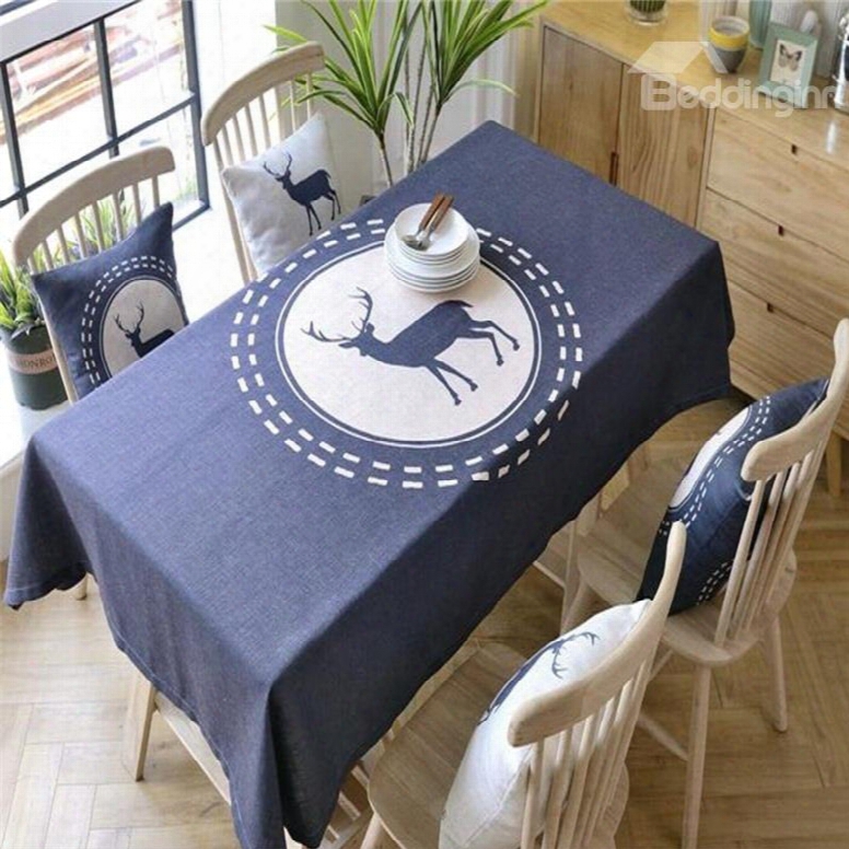 Modern Navy Blue And Lovely Elk Printing Durable Home Dining Table Cover Cloth